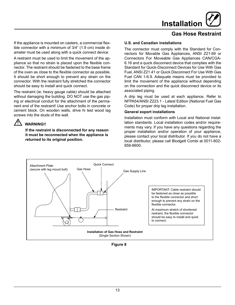 Installation, Gas hose restraint | Blodgett BLCT User Manual | Page 15 / 47