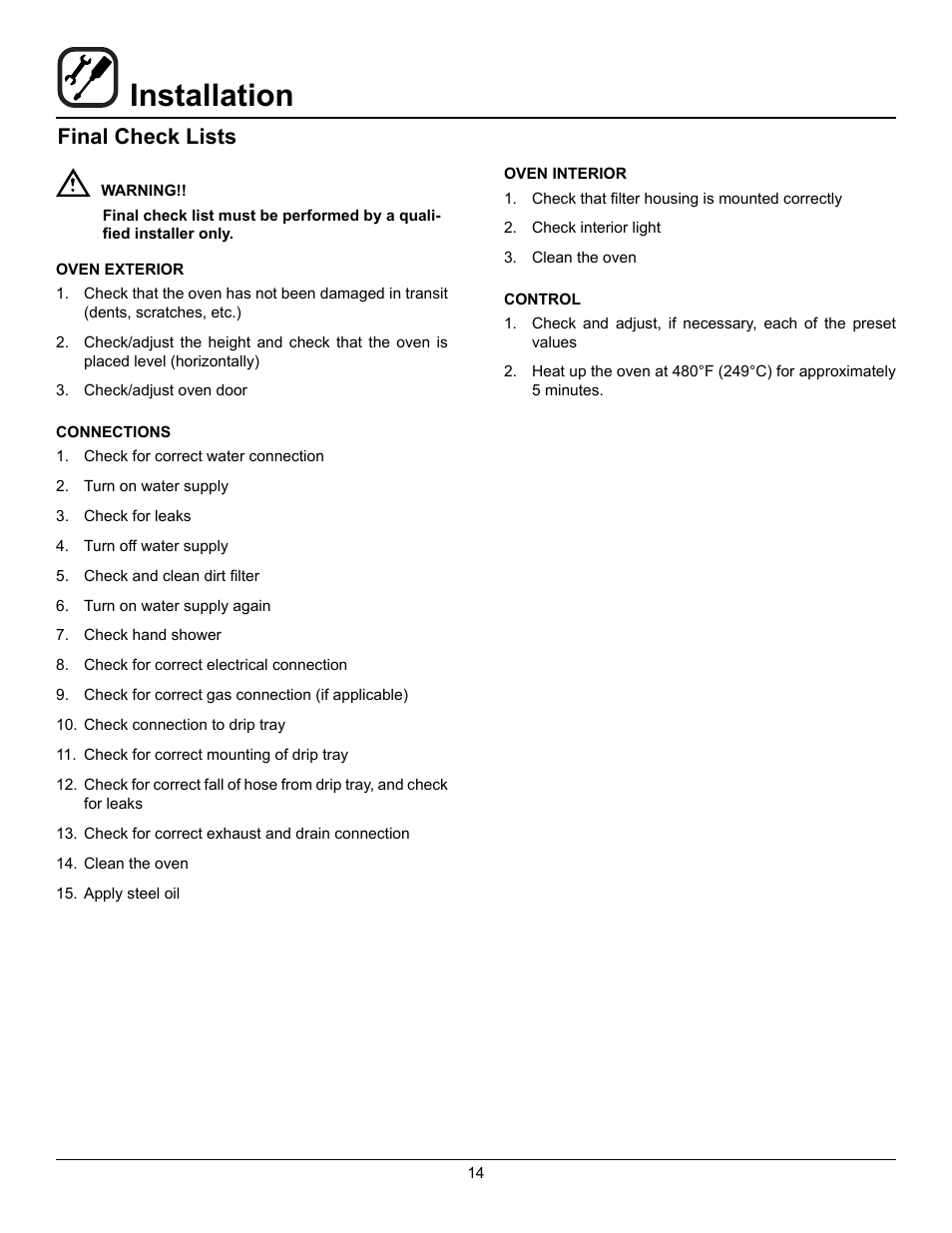 Installation, Final check lists | Blodgett BLCT User Manual | Page 16 / 47