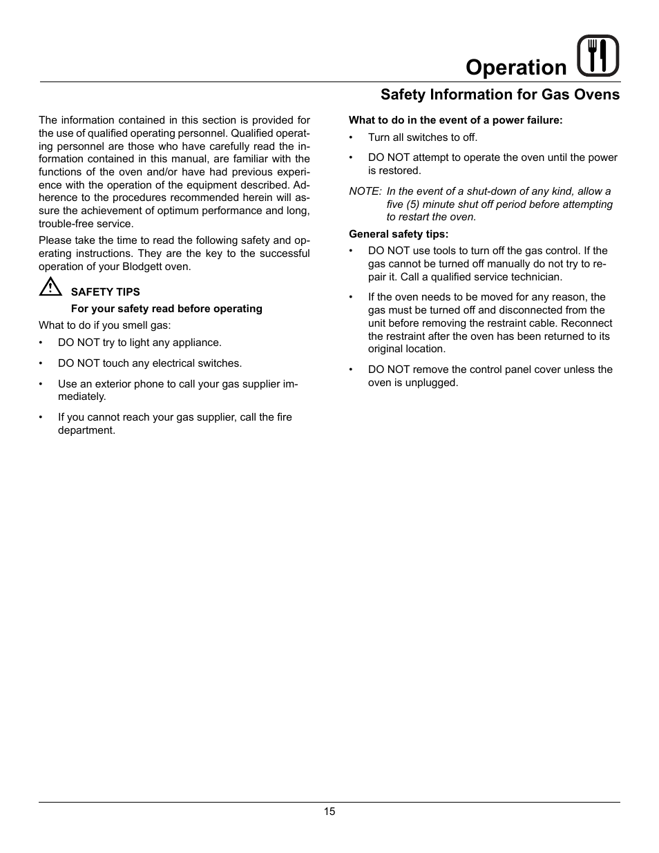 Operation, Safety information for gas ovens | Blodgett BLCT User Manual | Page 17 / 47
