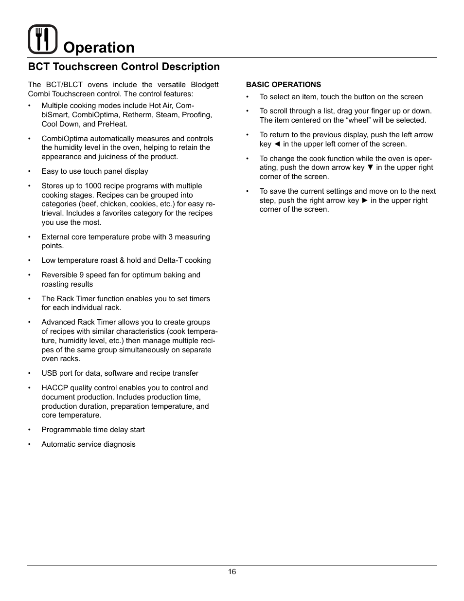 Operation, Bct touchscreen control description | Blodgett BLCT User Manual | Page 18 / 47
