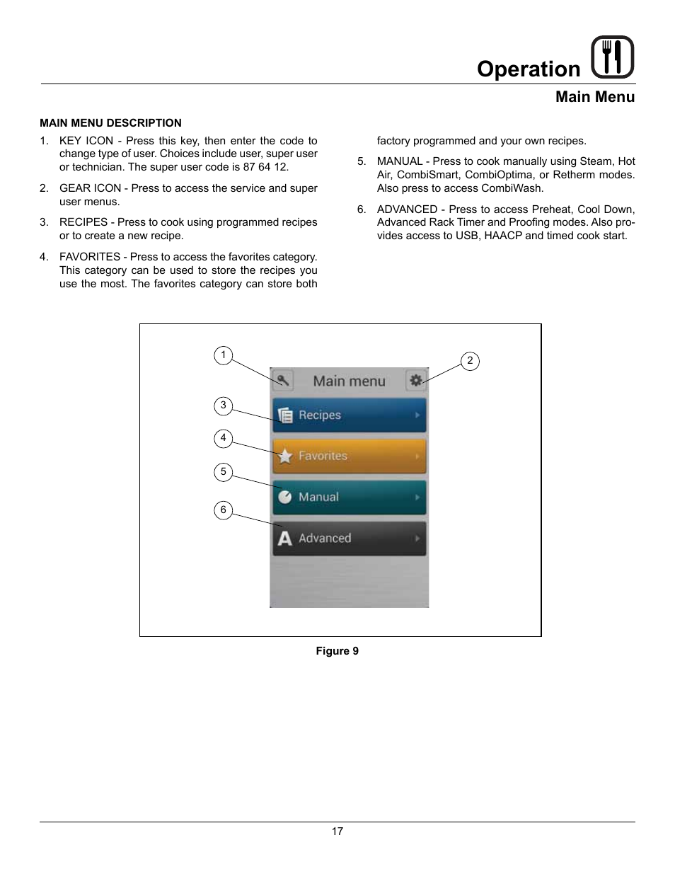 Operation, Main menu | Blodgett BLCT User Manual | Page 19 / 47