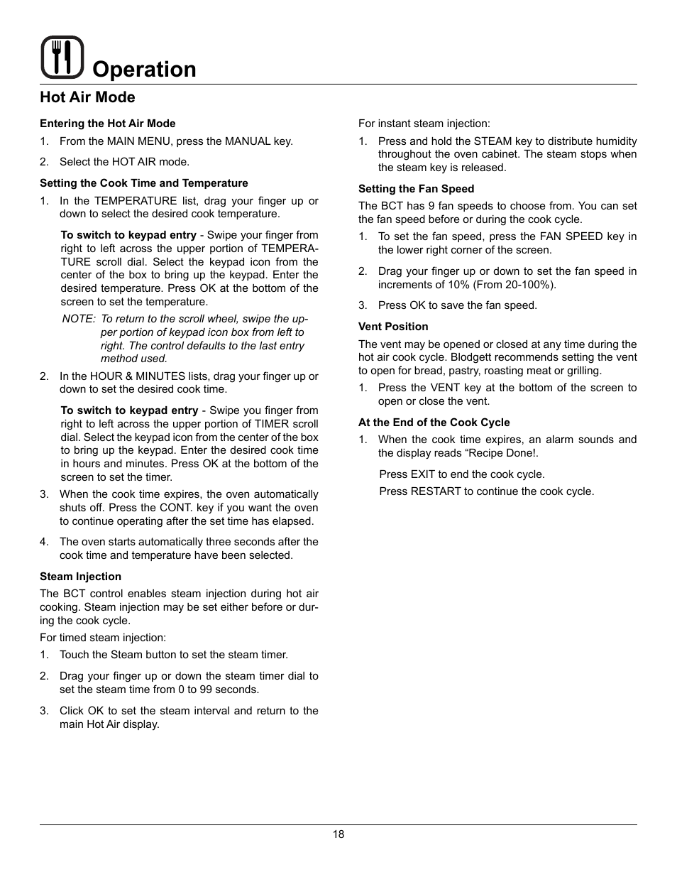 Operation, Hot air mode | Blodgett BLCT User Manual | Page 20 / 47