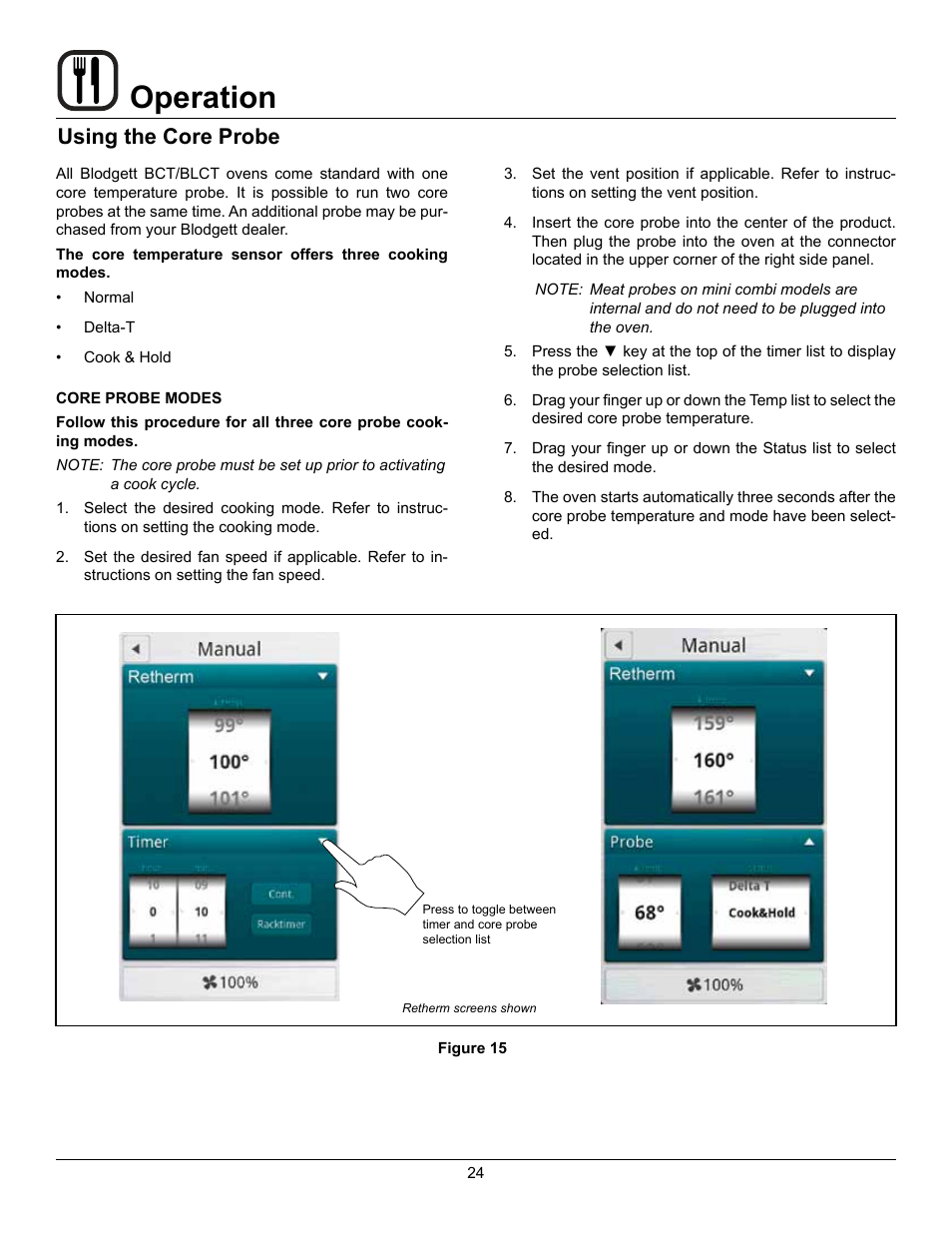 Operation, Using the core probe | Blodgett BLCT User Manual | Page 26 / 47