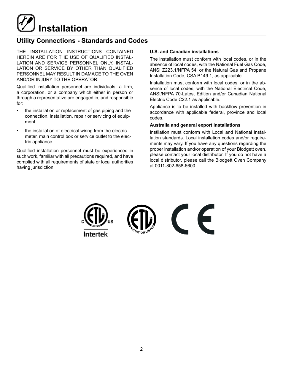 Installation, Utility connections - standards and codes | Blodgett BLCT User Manual | Page 4 / 47