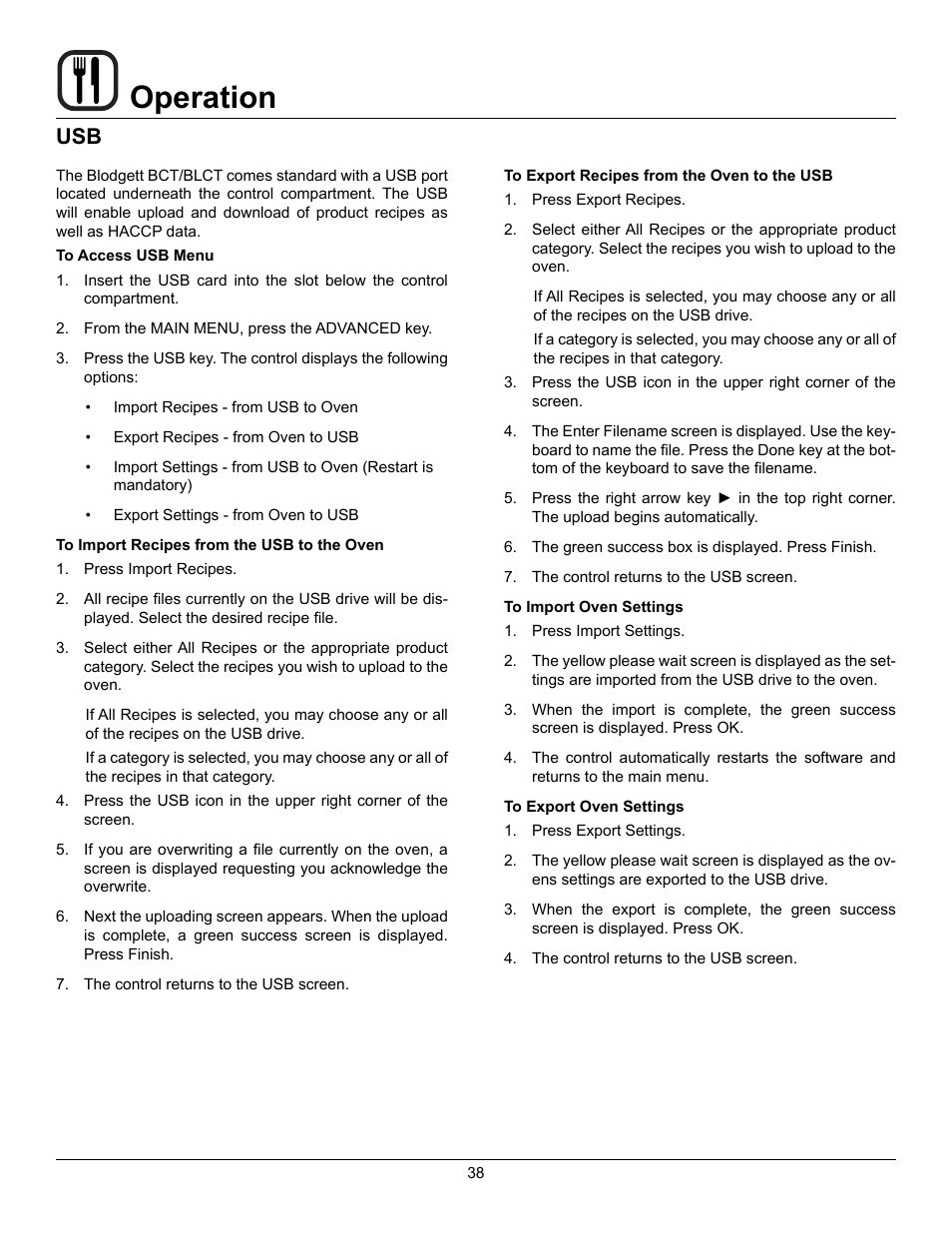 Operation | Blodgett BLCT User Manual | Page 40 / 47