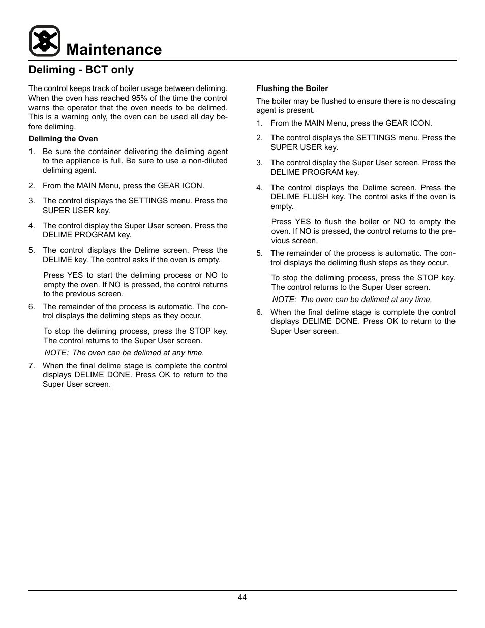Maintenance, Deliming - bct only | Blodgett BLCT User Manual | Page 46 / 47