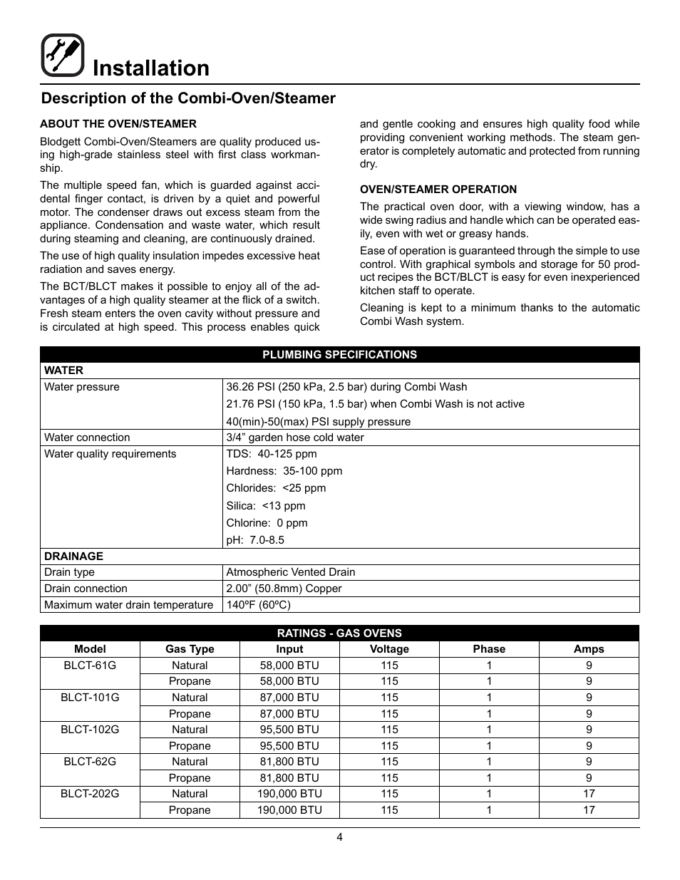 Installation, Description of the combi-oven/steamer | Blodgett BLCT User Manual | Page 6 / 47