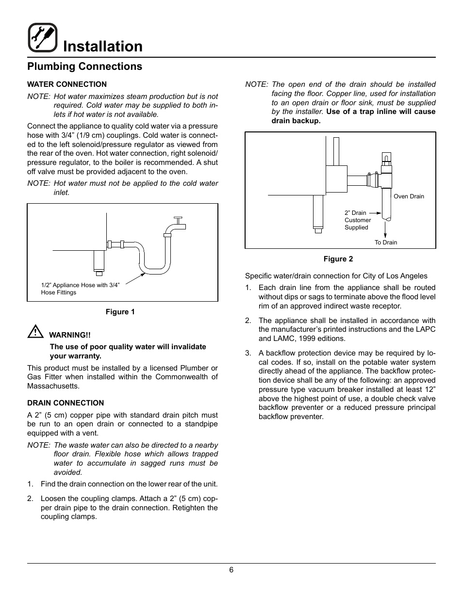 Installation, Plumbing connections | Blodgett BC-20G User Manual | Page 10 / 30