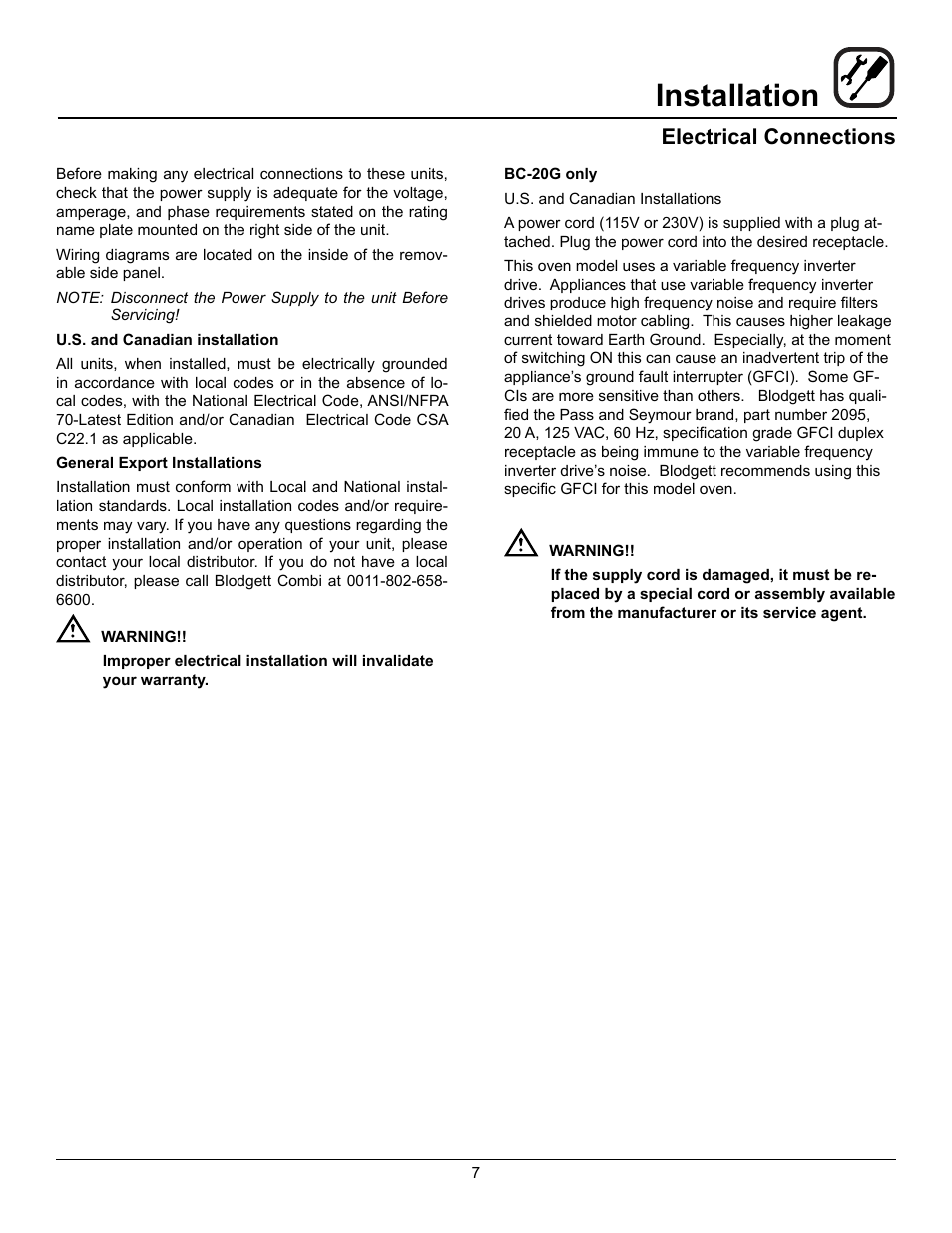 Installation, Electrical connections | Blodgett BC-20G User Manual | Page 11 / 30