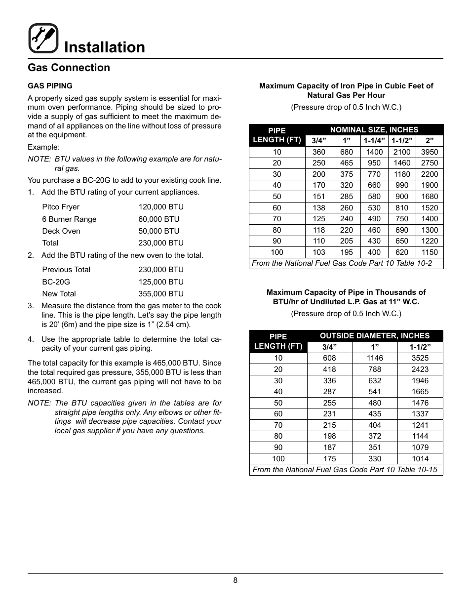 Installation, Gas connection | Blodgett BC-20G User Manual | Page 12 / 30