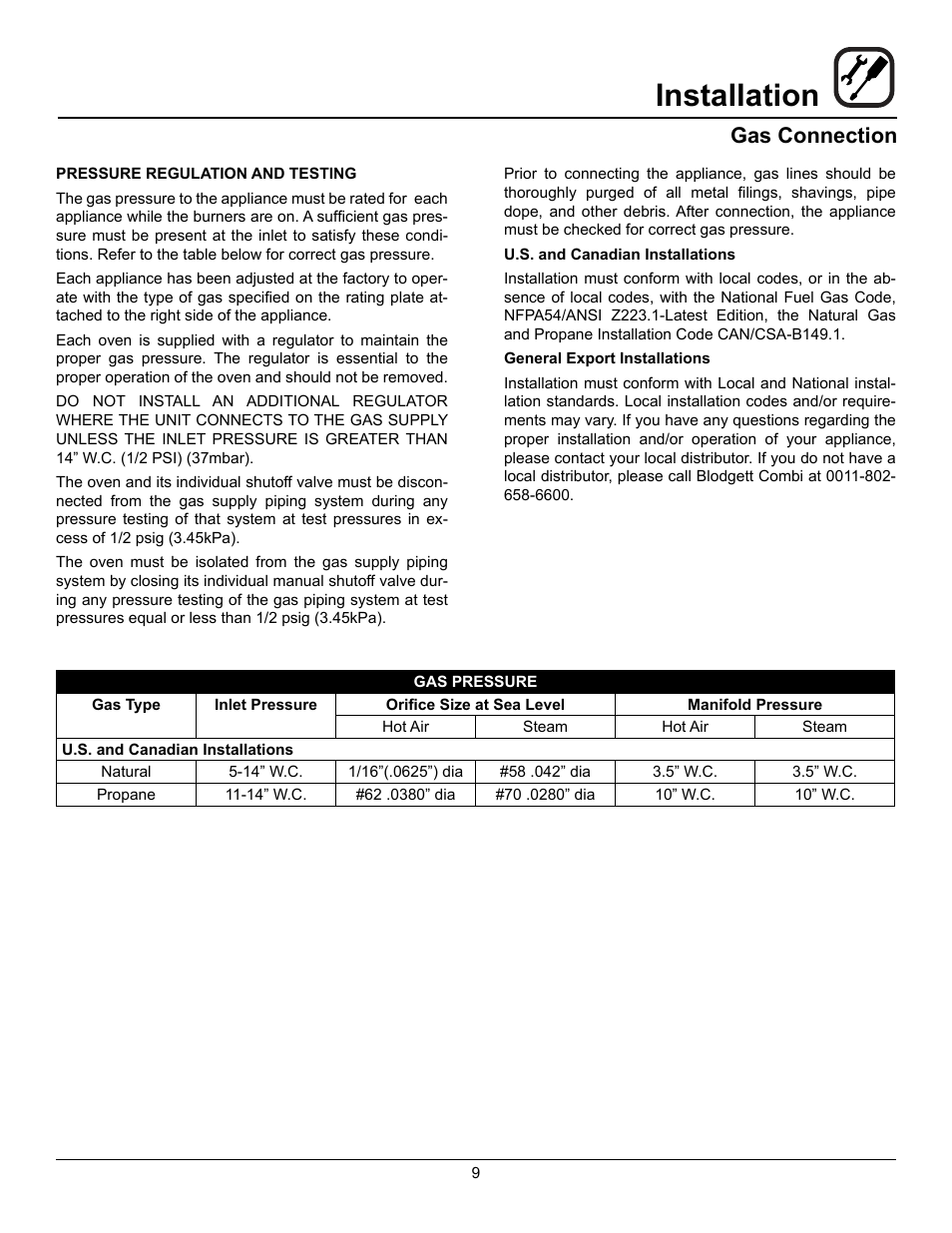 Installation, Gas connection | Blodgett BC-20G User Manual | Page 13 / 30