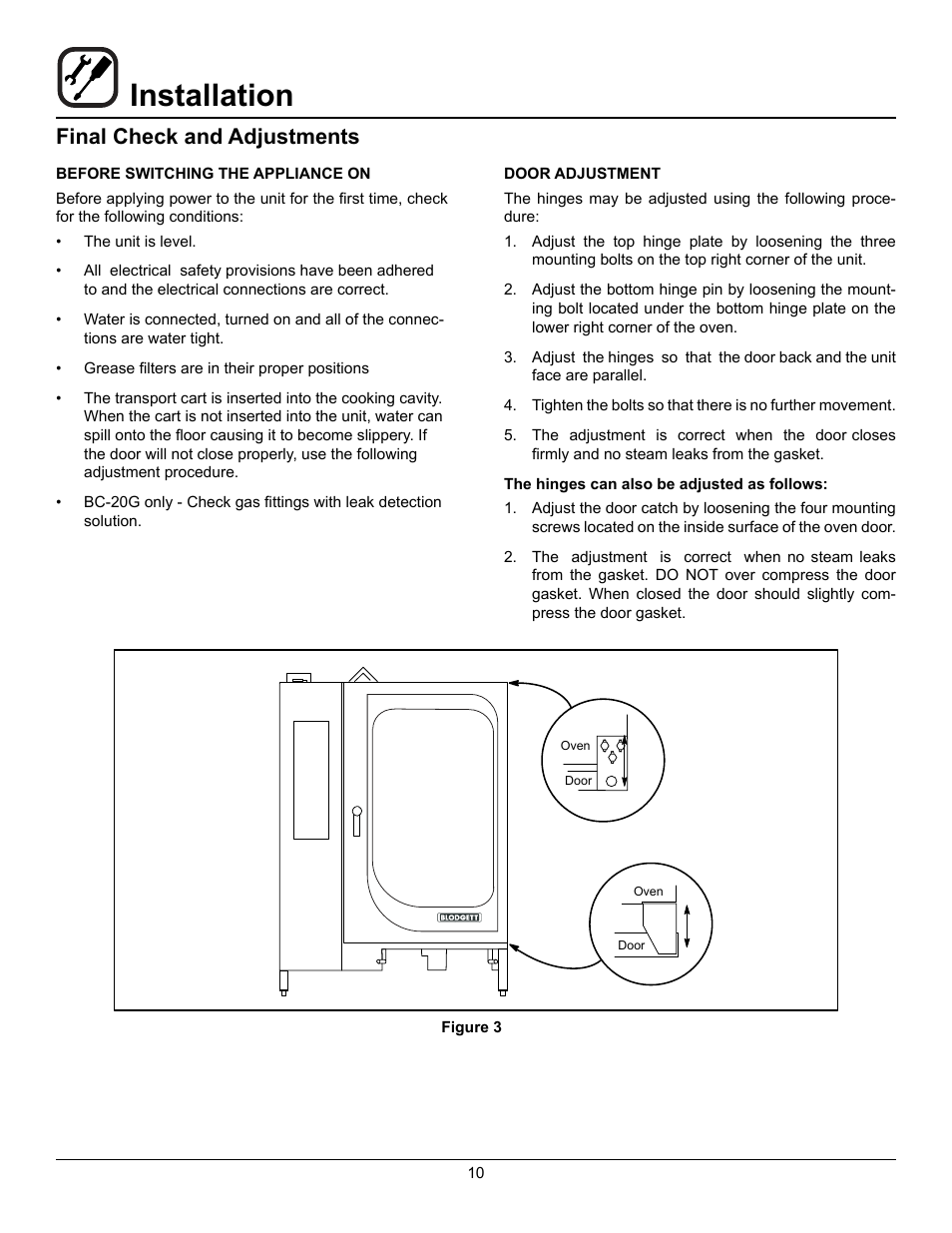 Installation, Final check and adjustments | Blodgett BC-20G User Manual | Page 14 / 30
