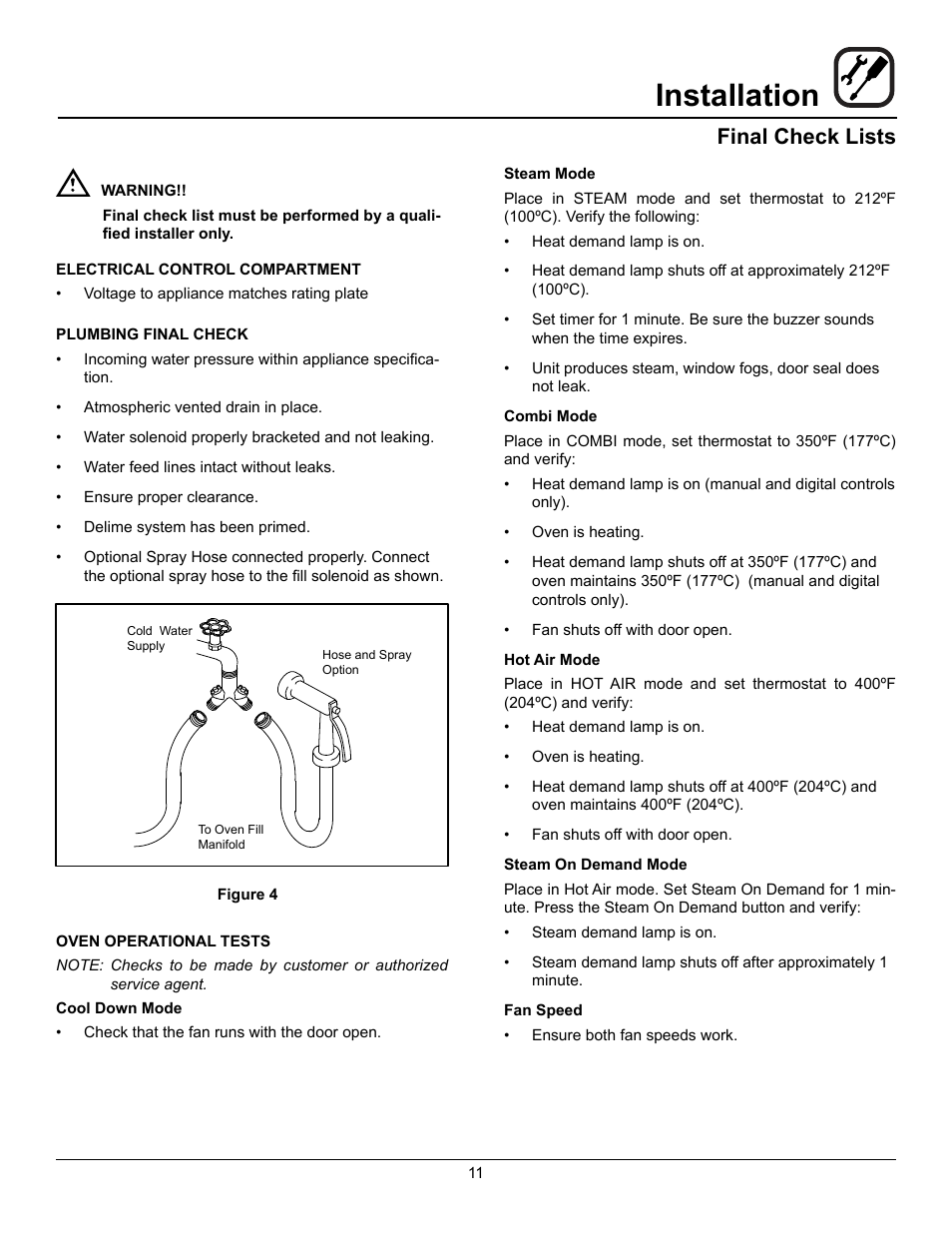 Installation, Final check lists | Blodgett BC-20G User Manual | Page 15 / 30