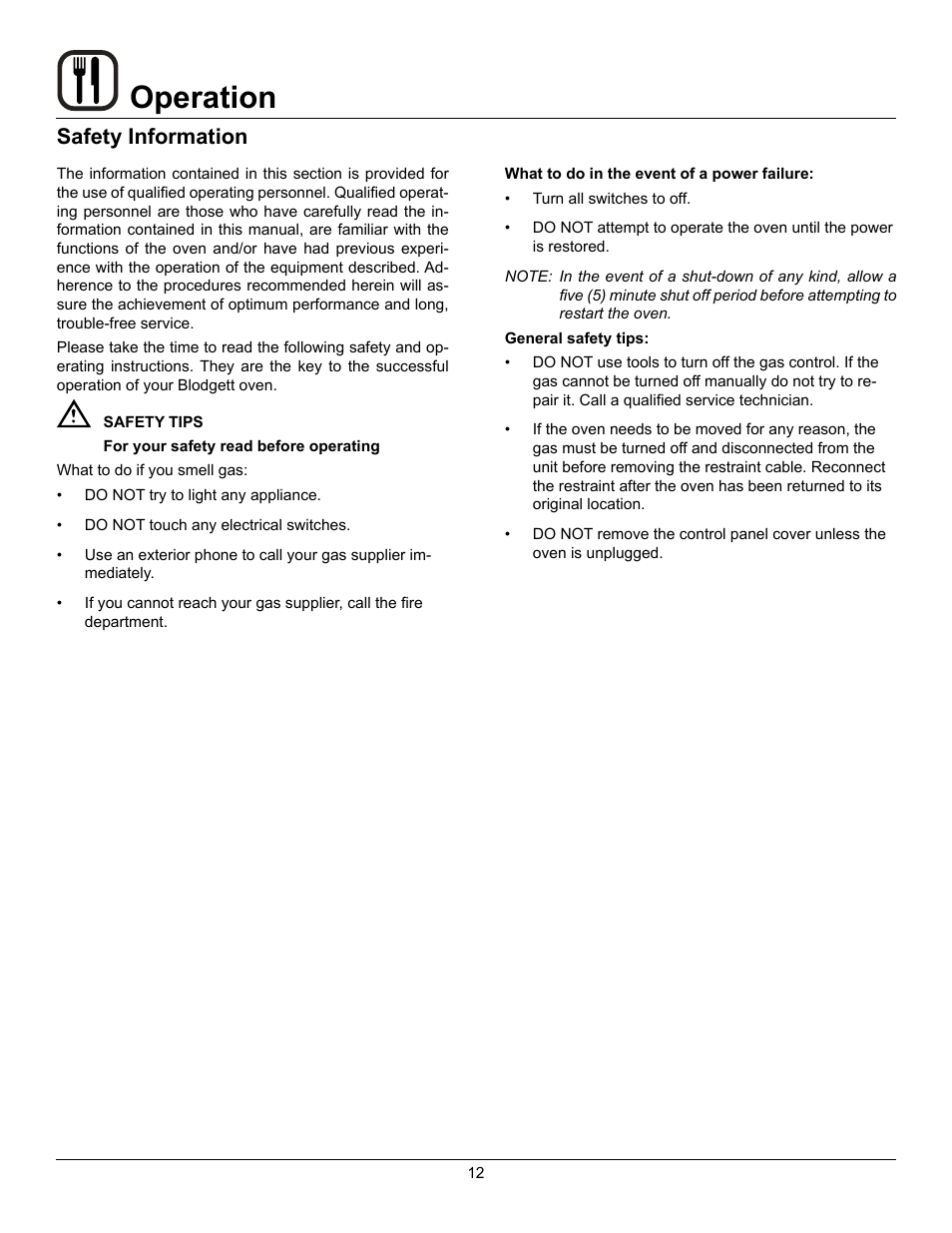 Operation, Safety information | Blodgett BC-20G User Manual | Page 16 / 30