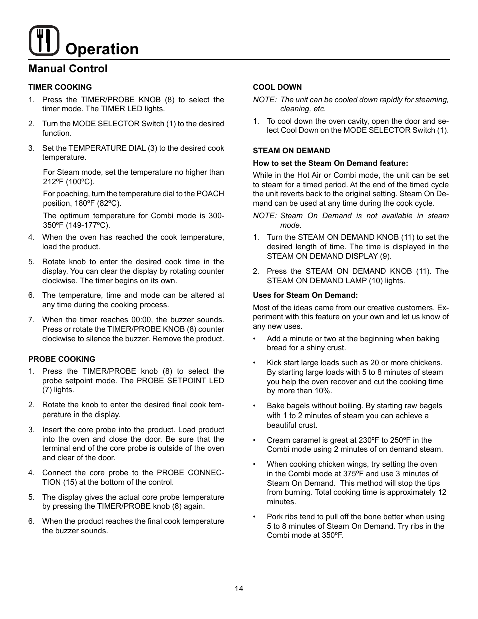 Operation, Manual control | Blodgett BC-20G User Manual | Page 18 / 30