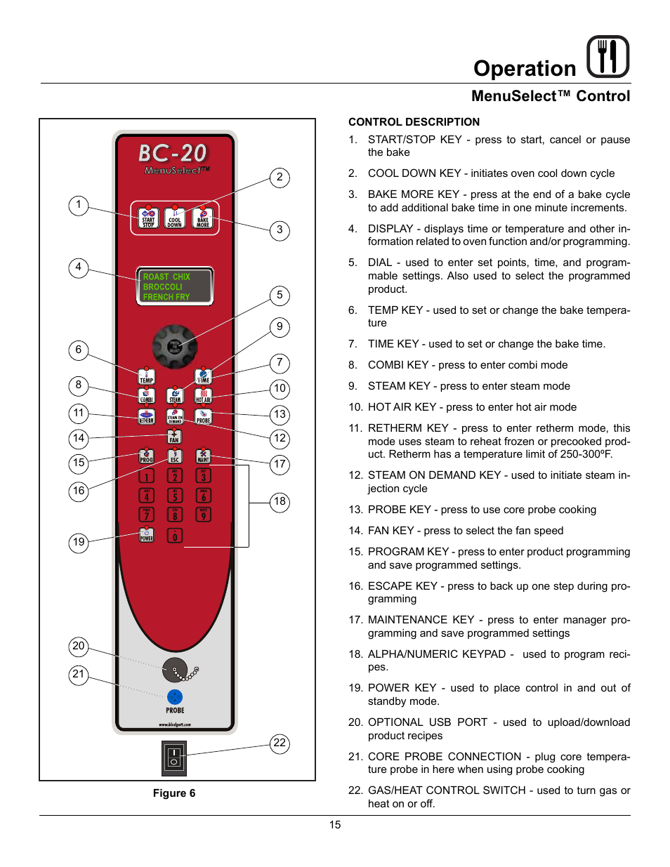 Operation, Menuselect™ control | Blodgett BC-20G User Manual | Page 19 / 30