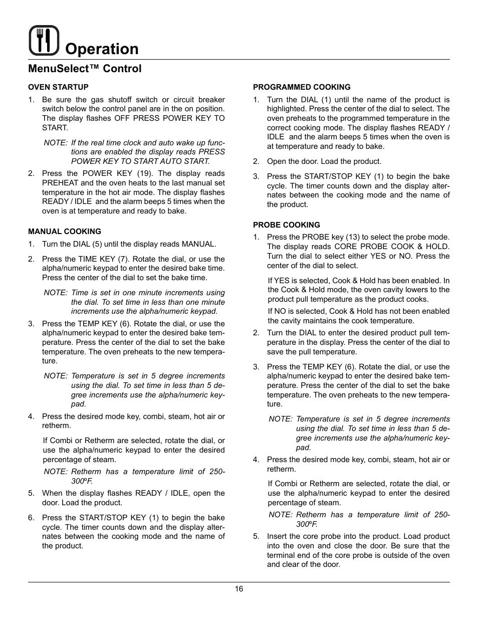 Operation, Menuselect™ control | Blodgett BC-20G User Manual | Page 20 / 30