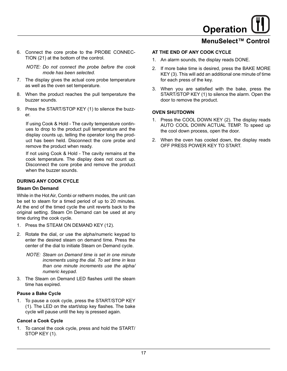 Operation, Menuselect™ control | Blodgett BC-20G User Manual | Page 21 / 30