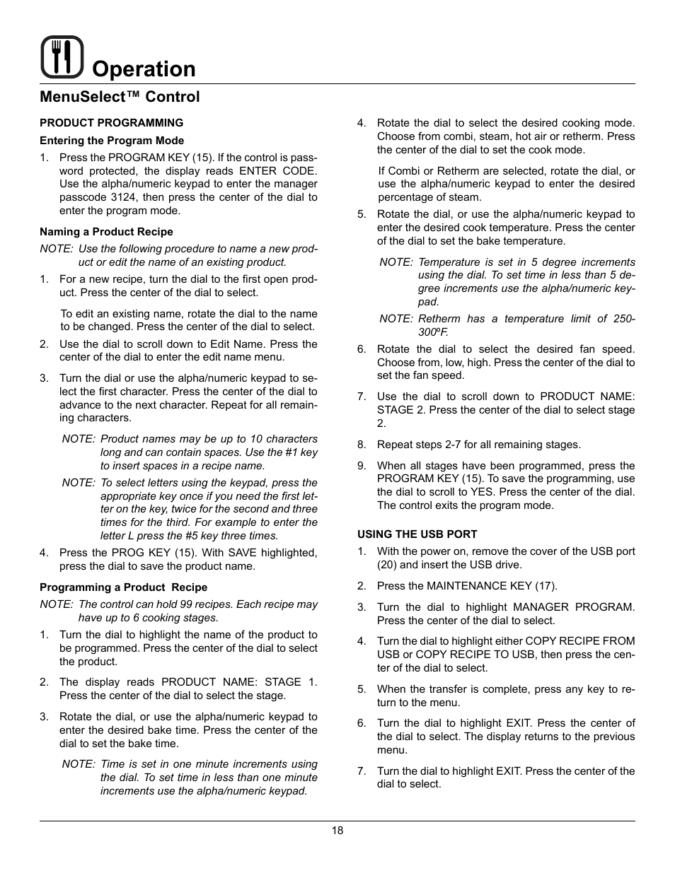 Operation, Menuselect™ control | Blodgett BC-20G User Manual | Page 22 / 30