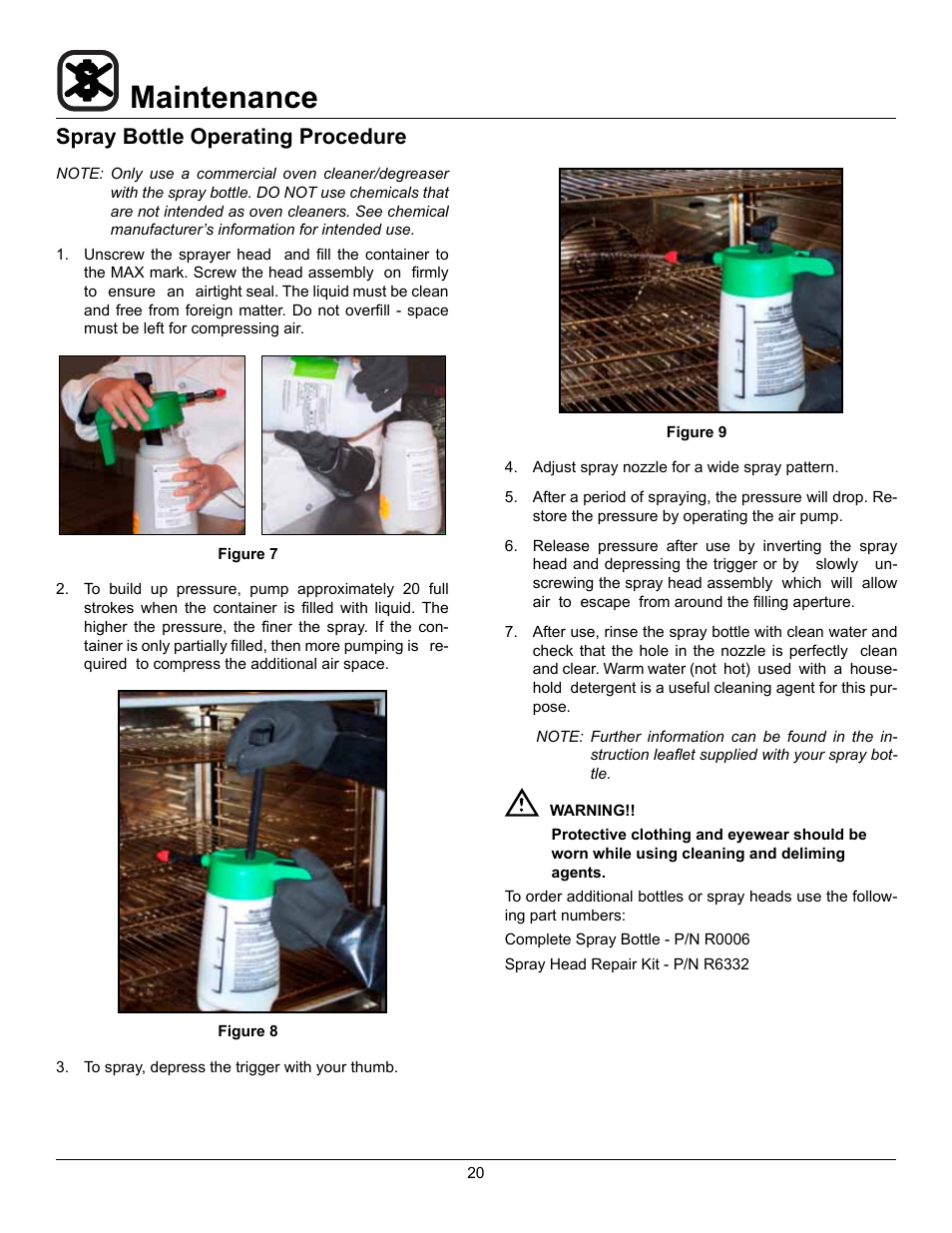 Maintenance, Spray bottle operating procedure | Blodgett BC-20G User Manual | Page 24 / 30