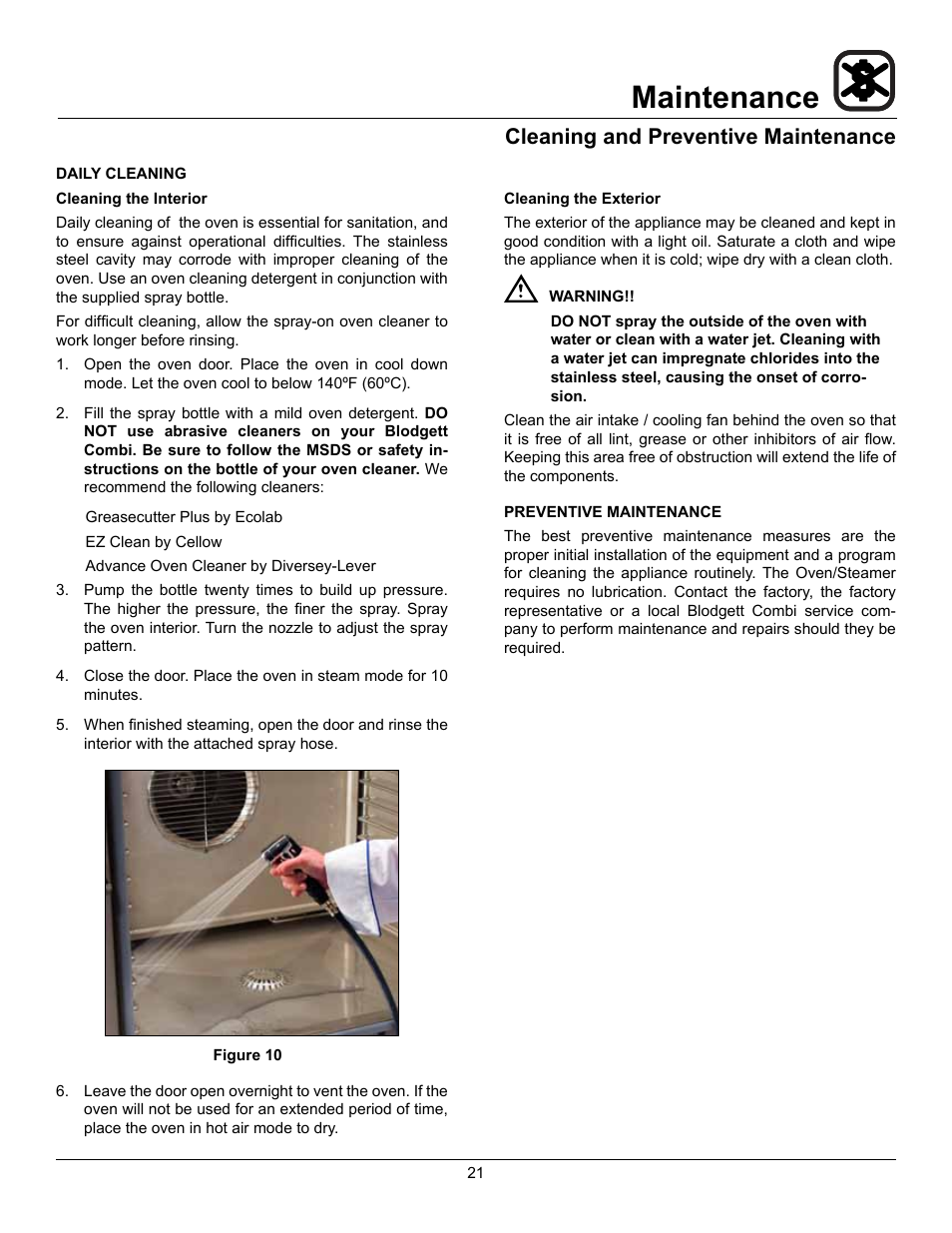 Maintenance, Cleaning and preventive maintenance | Blodgett BC-20G User Manual | Page 25 / 30