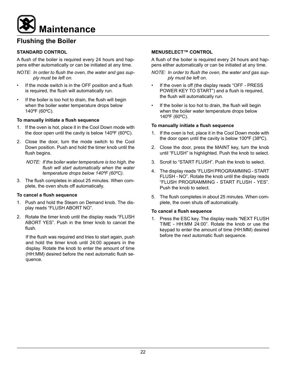 Maintenance, Flushing the boiler | Blodgett BC-20G User Manual | Page 26 / 30