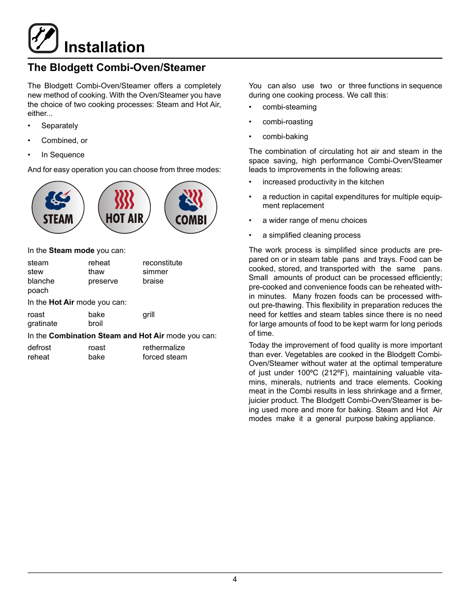 Installation, The blodgett combi-oven/steamer | Blodgett BC-20G User Manual | Page 4 / 30
