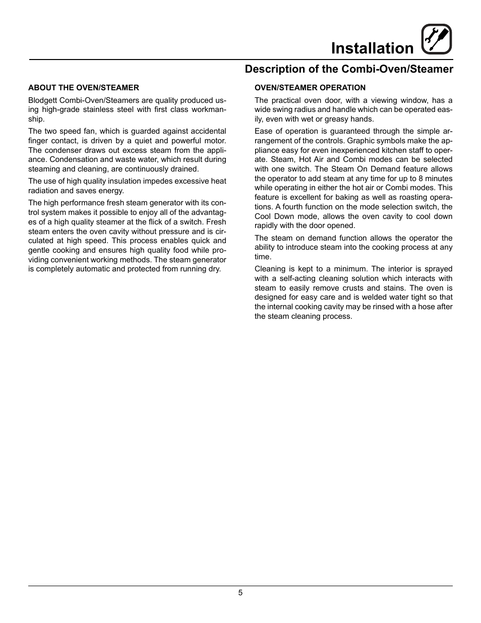 Installation, Description of the combi-oven/steamer | Blodgett BC-20G User Manual | Page 5 / 30