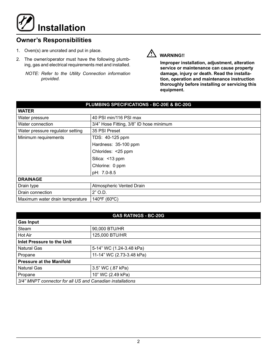 Installation, Owner’s responsibilities | Blodgett BC-20G User Manual | Page 6 / 30