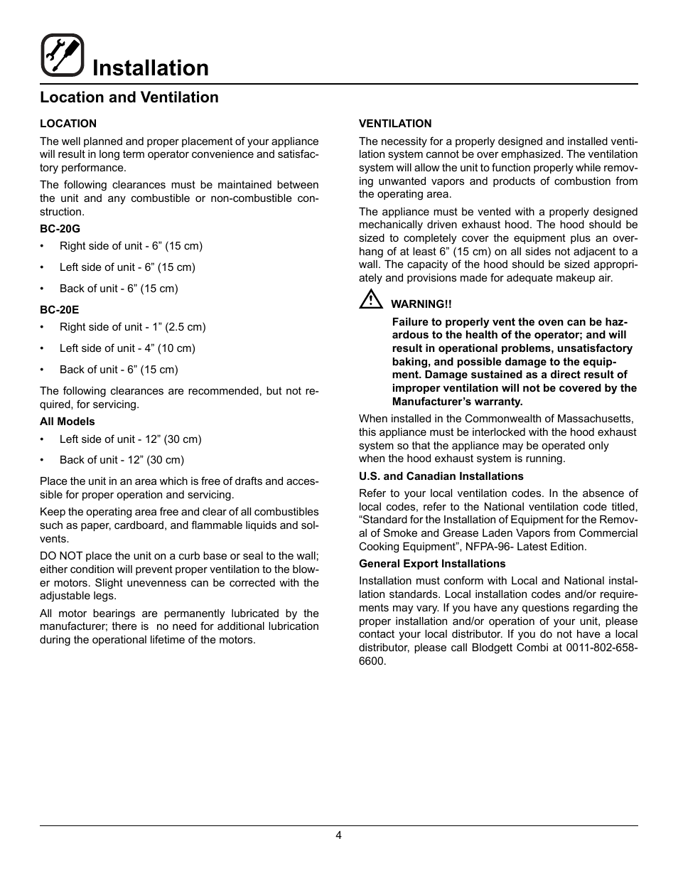 Installation, Location and ventilation | Blodgett BC-20G User Manual | Page 8 / 30