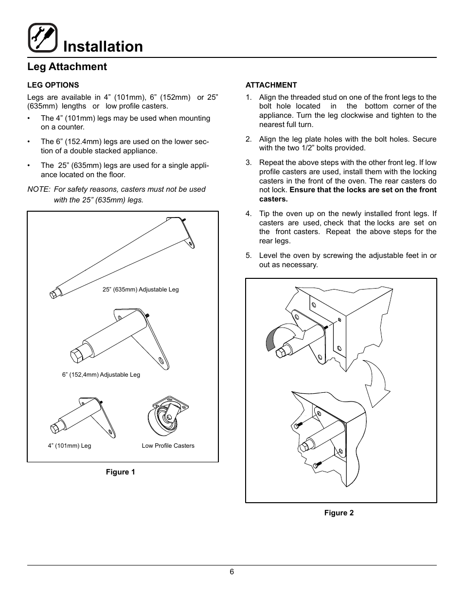 Installation, Leg attachment | Blodgett CNVX-14E User Manual | Page 10 / 60