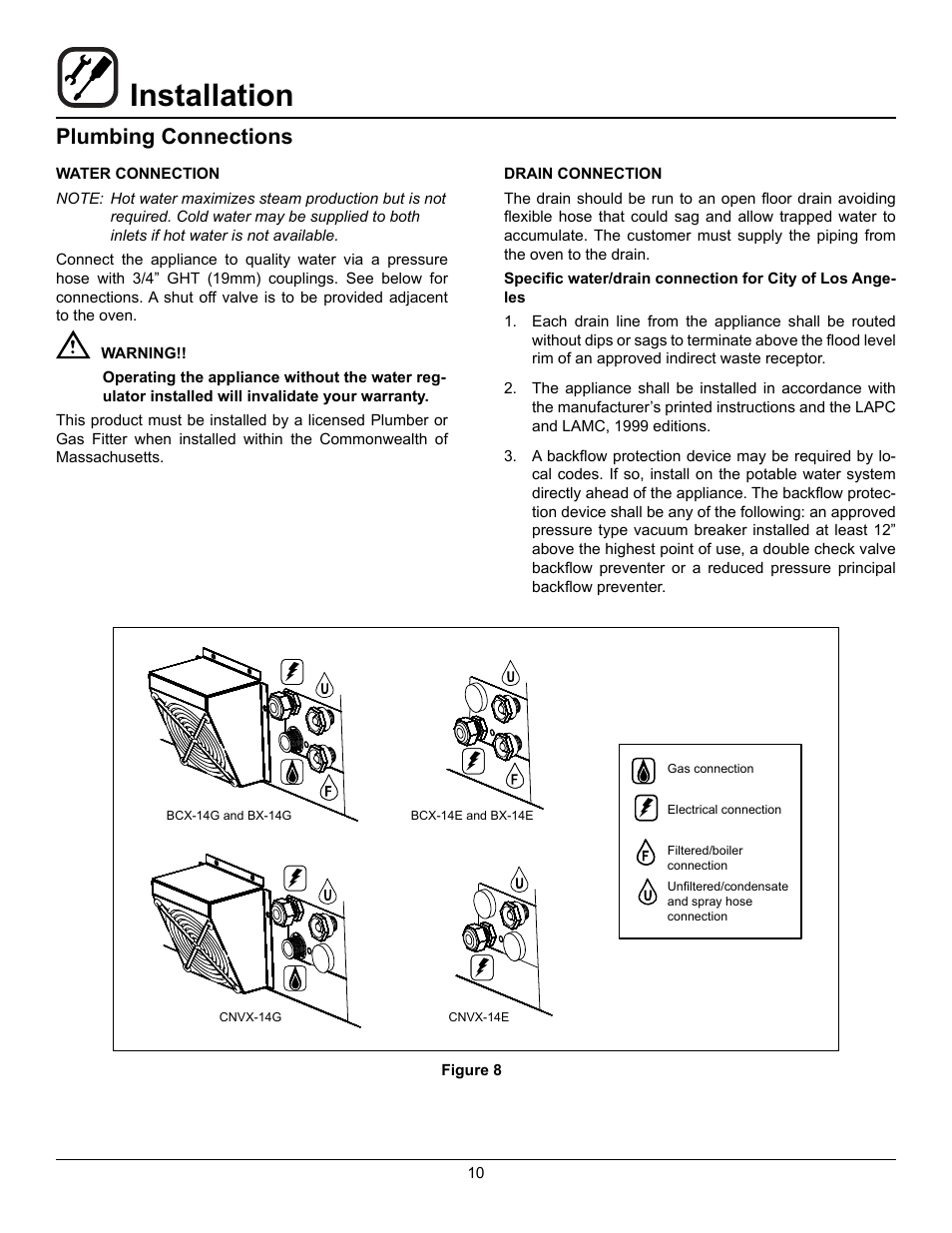 Installation, Plumbing connections | Blodgett CNVX-14E User Manual | Page 14 / 60