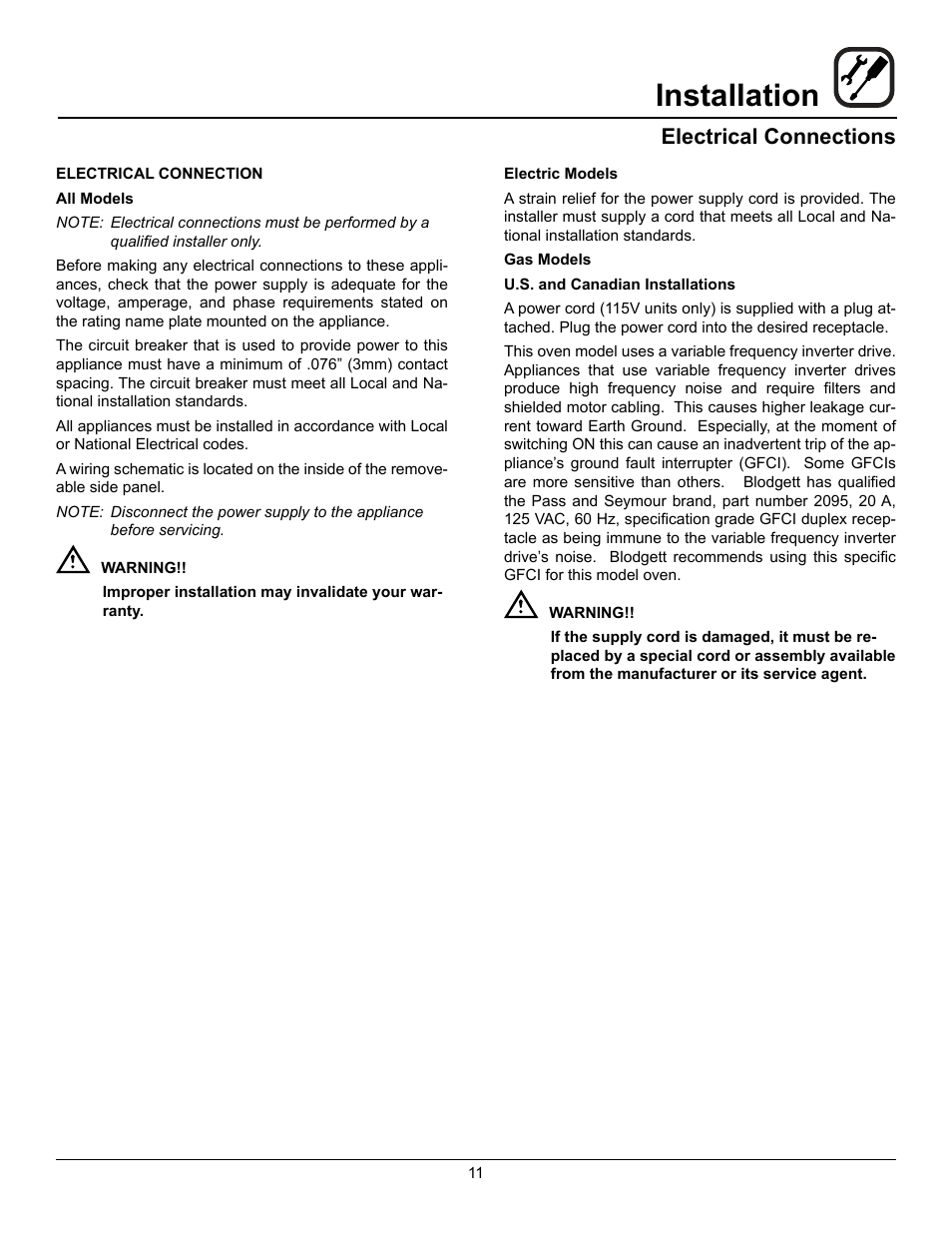 Installation, Electrical connections | Blodgett CNVX-14E User Manual | Page 15 / 60