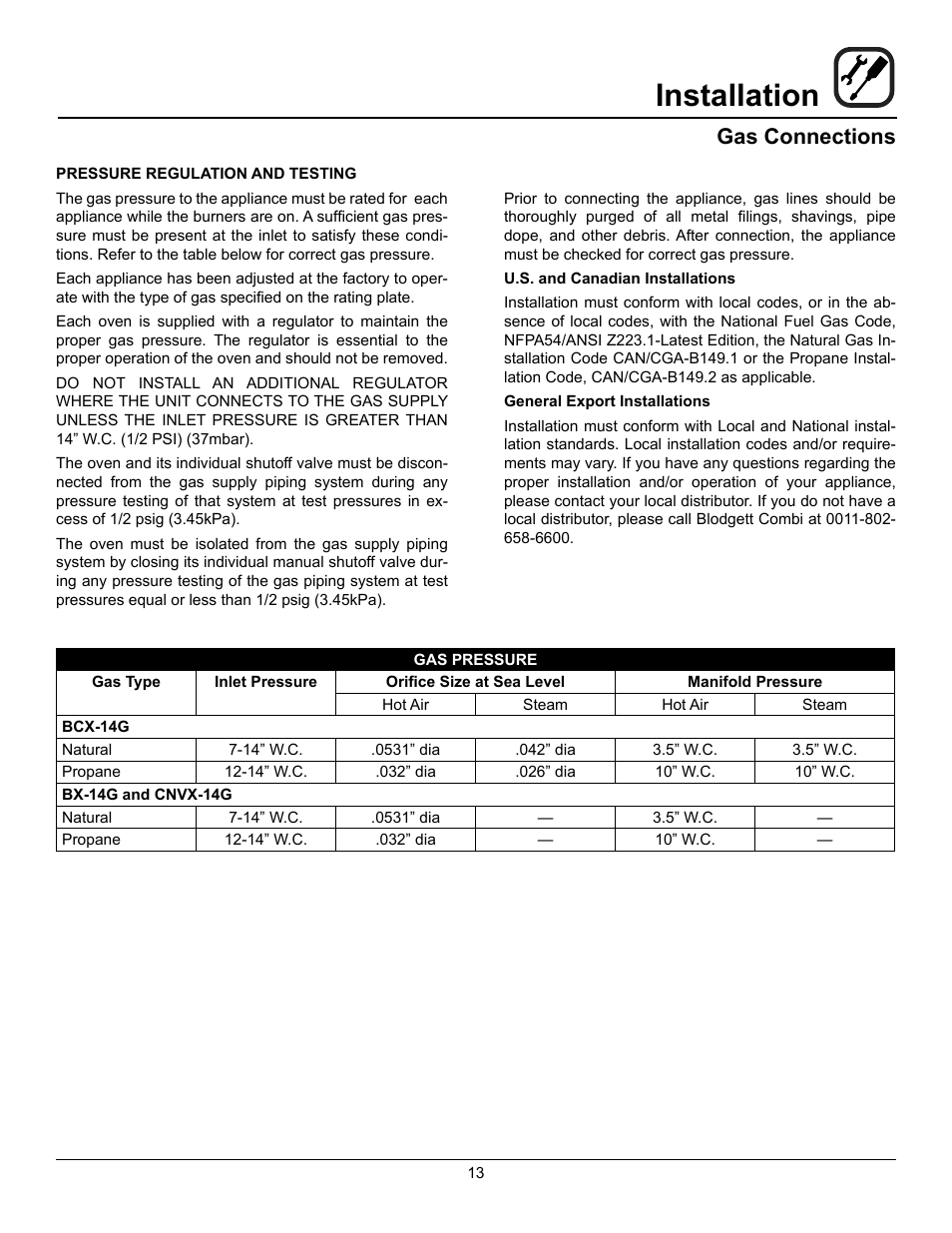 Installation, Gas connections | Blodgett CNVX-14E User Manual | Page 17 / 60