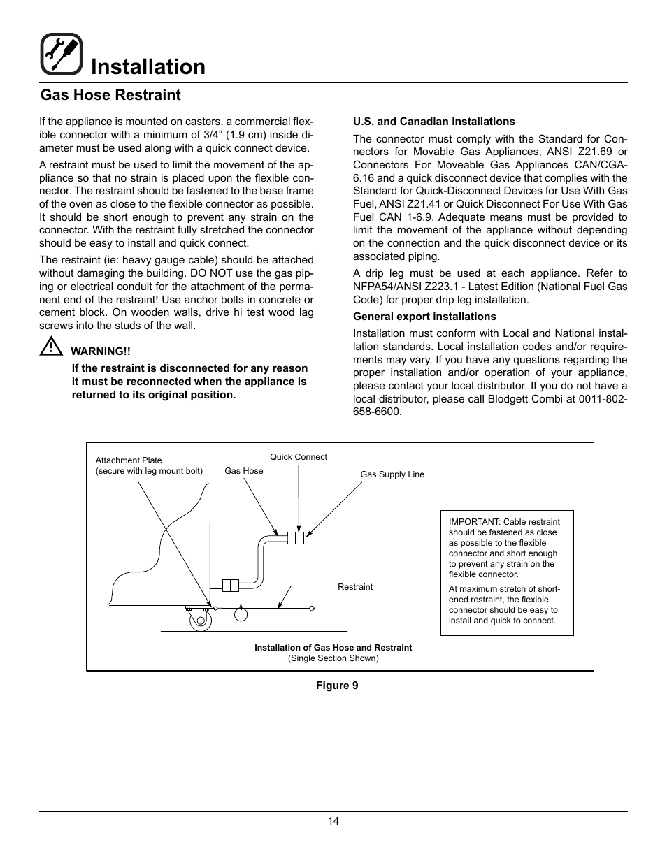 Installation, Gas hose restraint | Blodgett CNVX-14E User Manual | Page 18 / 60