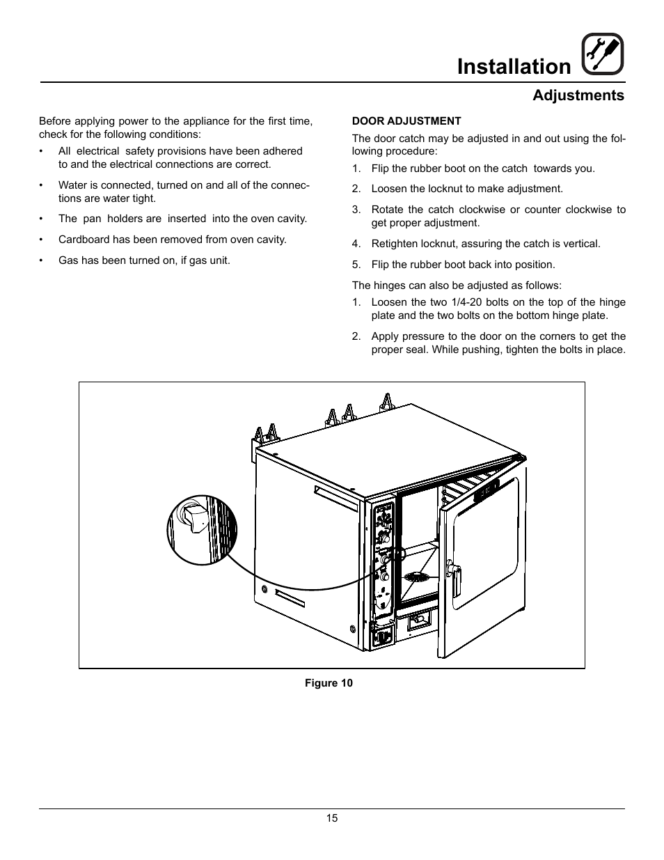 Installation, Adjustments | Blodgett CNVX-14E User Manual | Page 19 / 60