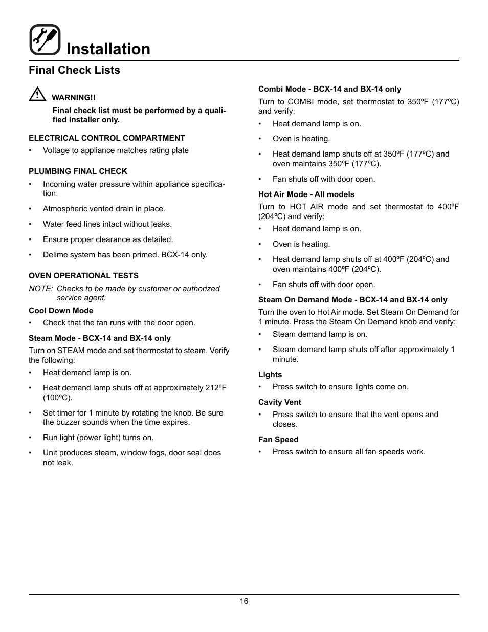 Installation, Final check lists | Blodgett CNVX-14E User Manual | Page 20 / 60