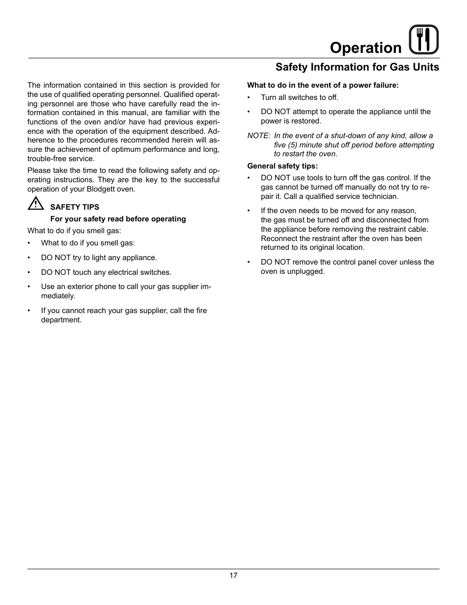 Operation, Safety information for gas units | Blodgett CNVX-14E User Manual | Page 21 / 60