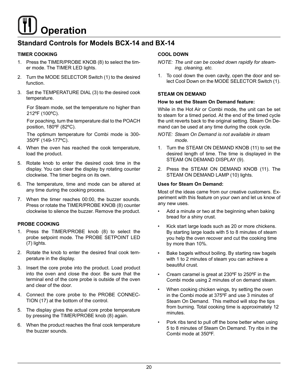 Operation, Standard controls for models bcx-14 and bx-14 | Blodgett CNVX-14E User Manual | Page 24 / 60