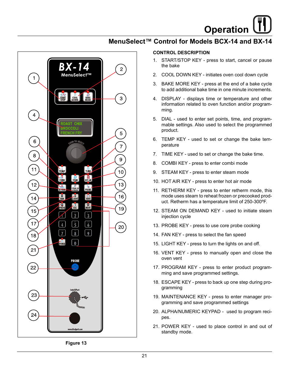 Operation, Menuselect™ control for models bcx-14 and bx-14 | Blodgett CNVX-14E User Manual | Page 25 / 60