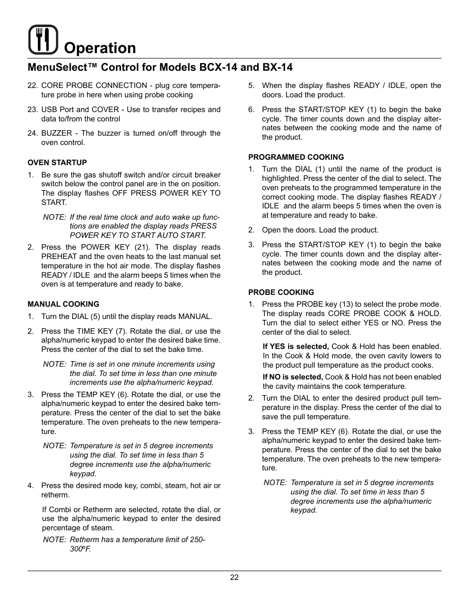 Operation, Menuselect™ control for models bcx-14 and bx-14 | Blodgett CNVX-14E User Manual | Page 26 / 60