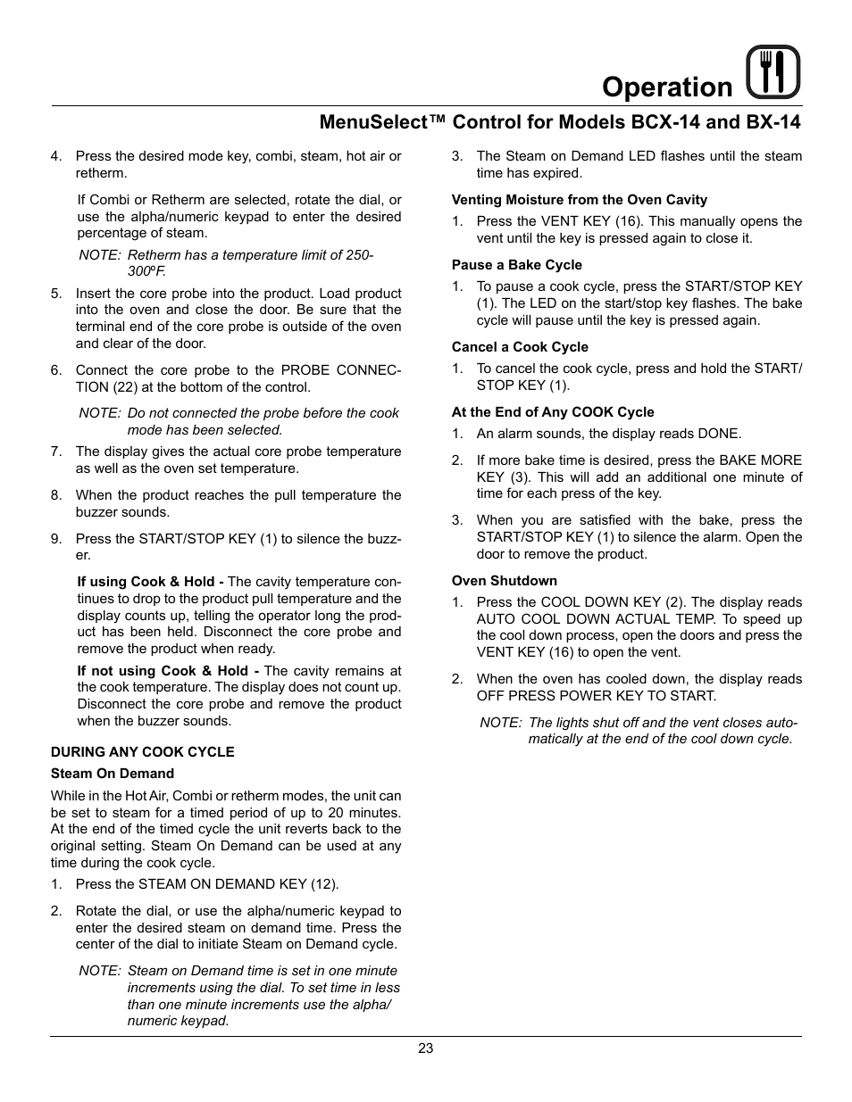 Operation, Menuselect™ control for models bcx-14 and bx-14 | Blodgett CNVX-14E User Manual | Page 27 / 60