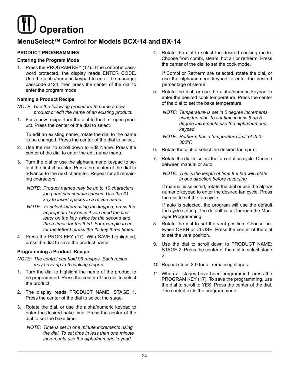 Operation, Menuselect™ control for models bcx-14 and bx-14 | Blodgett CNVX-14E User Manual | Page 28 / 60