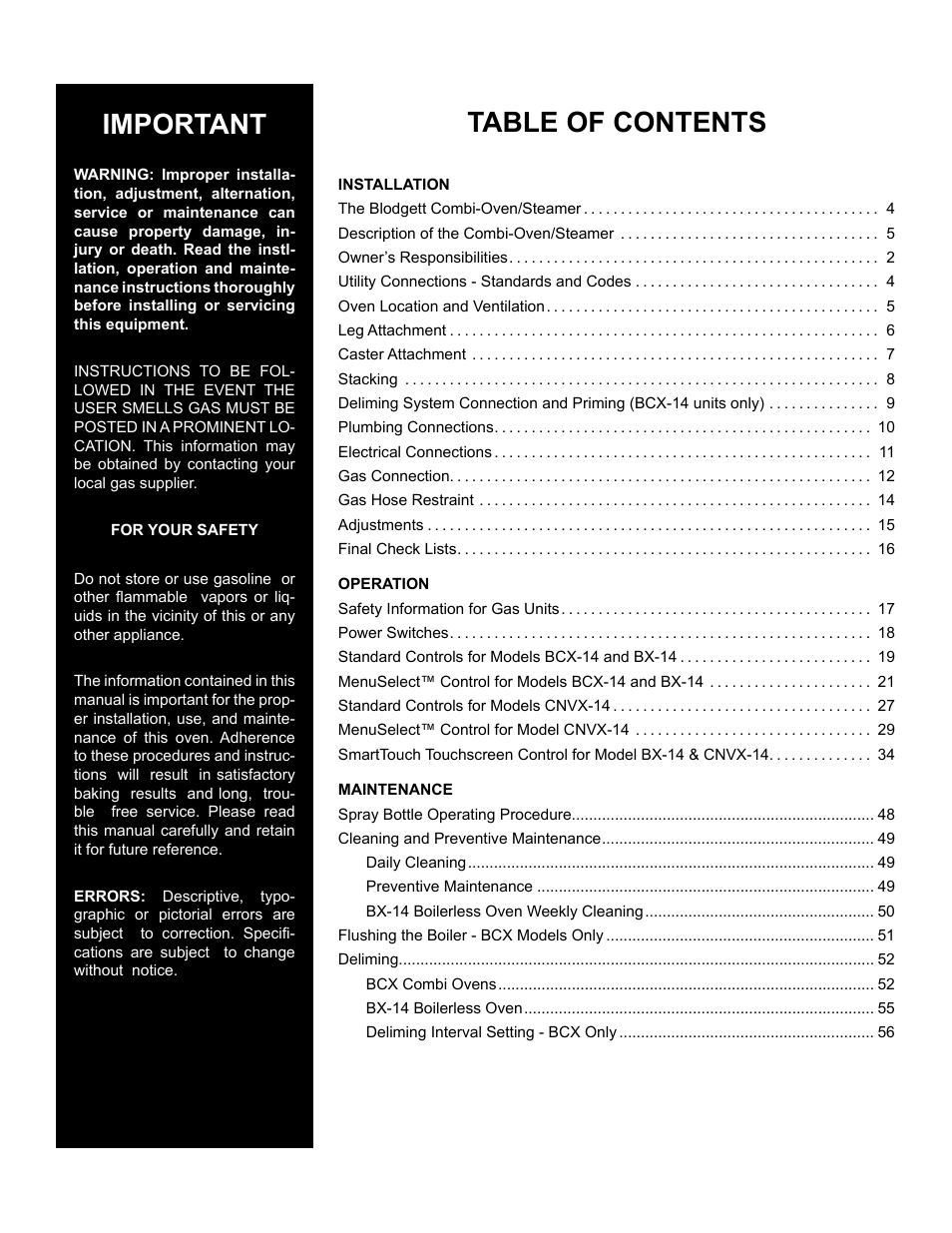 Blodgett CNVX-14E User Manual | Page 3 / 60