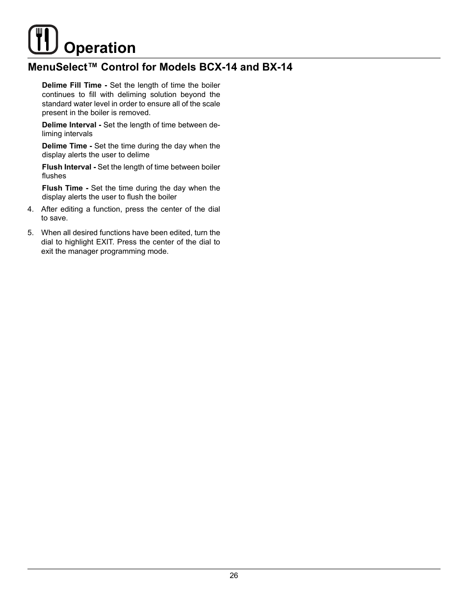 Operation, Menuselect™ control for models bcx-14 and bx-14 | Blodgett CNVX-14E User Manual | Page 30 / 60