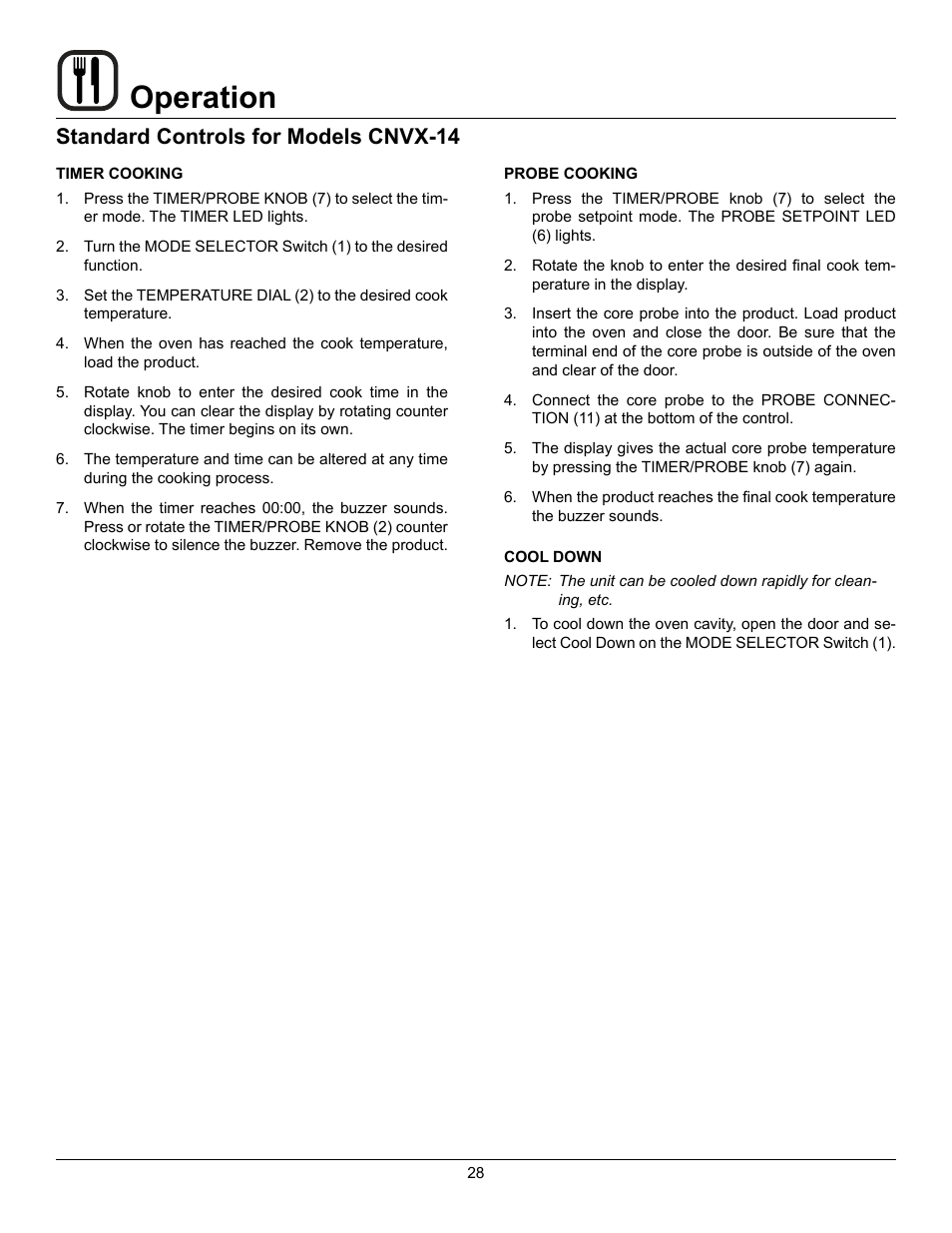 Operation, Standard controls for models cnvx-14 | Blodgett CNVX-14E User Manual | Page 32 / 60