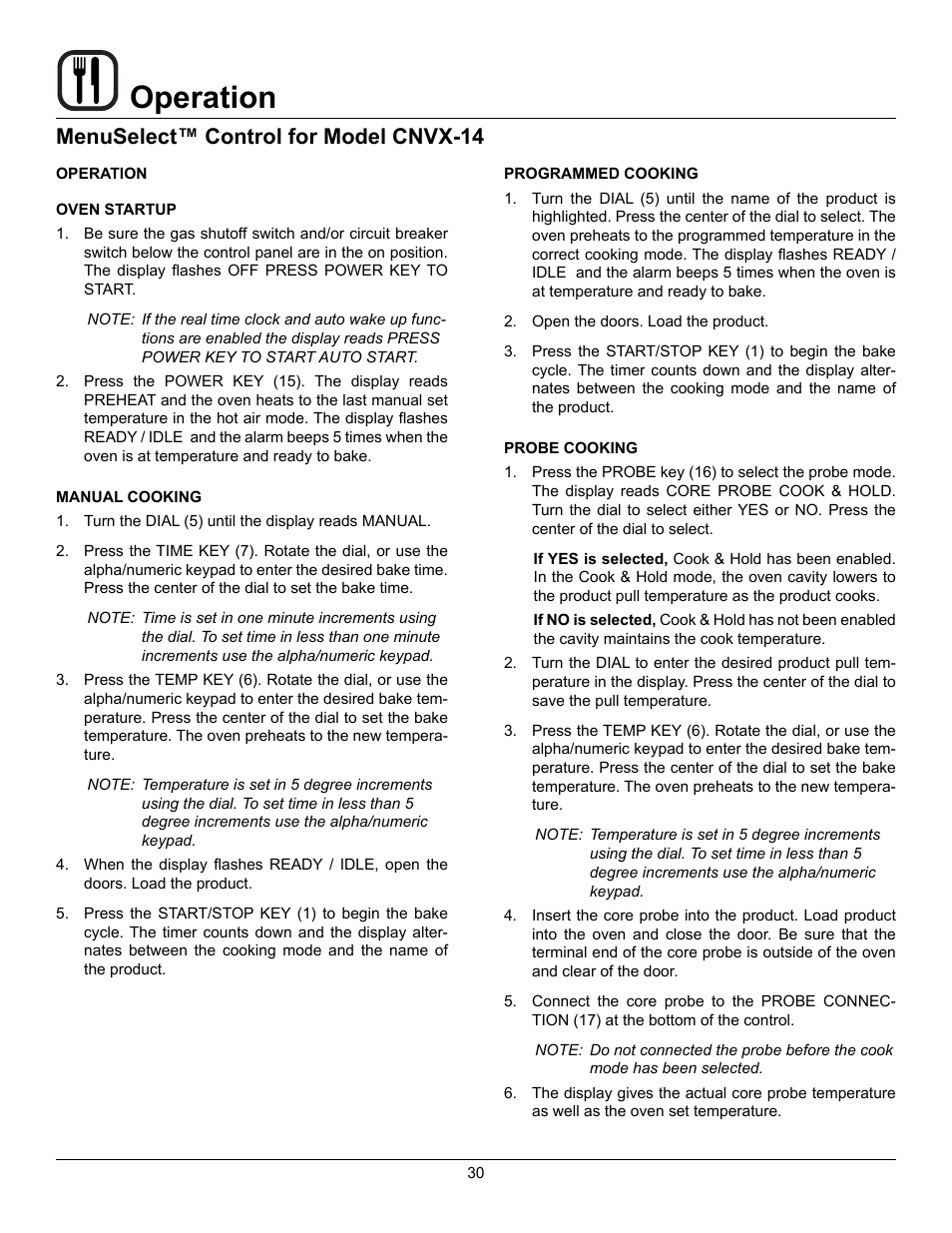 Operation, Menuselect™ control for model cnvx-14 | Blodgett CNVX-14E User Manual | Page 34 / 60