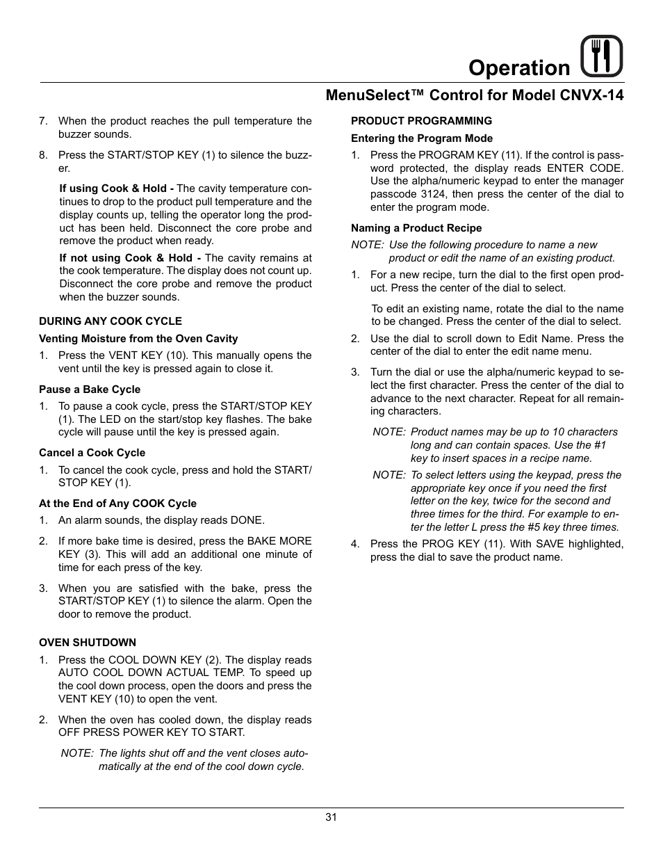 Operation, Menuselect™ control for model cnvx-14 | Blodgett CNVX-14E User Manual | Page 35 / 60