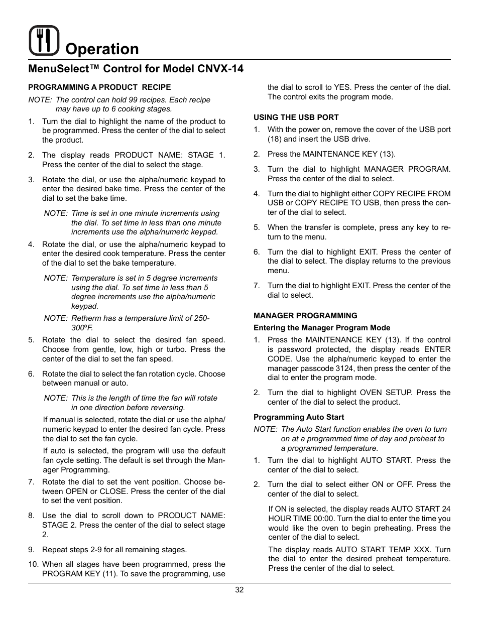 Operation, Menuselect™ control for model cnvx-14 | Blodgett CNVX-14E User Manual | Page 36 / 60