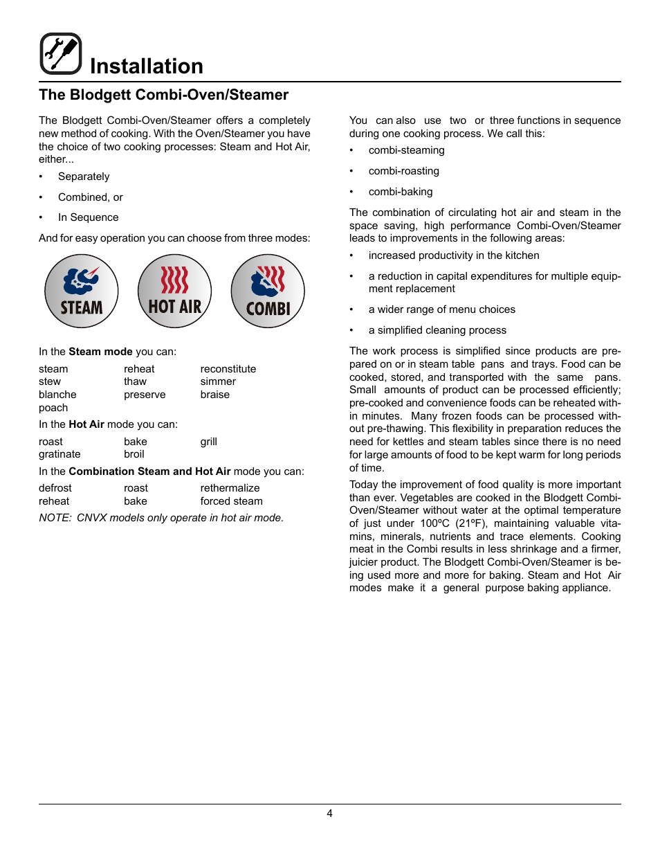 Installation, The blodgett combi-oven/steamer | Blodgett CNVX-14E User Manual | Page 4 / 60